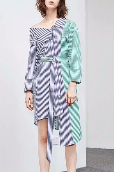 Color Block Striped Printed One Shoulder Long Sleeve Midi Asymmetric Hem Dress