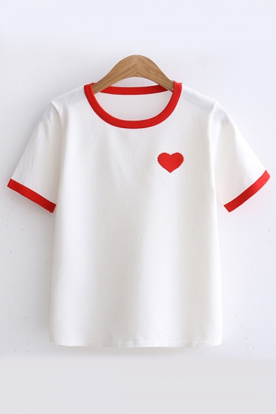 Contrast Trim Round Neck Short Sleeve Heart Printed Knit Tee