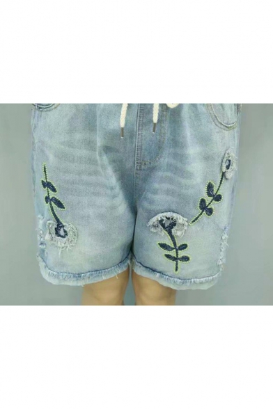 Dandelion Embroidered Drawstring Waist Straight Denim Shorts