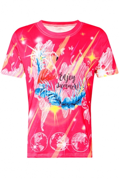 

ENJOY SUMMER Letter Flamingo Printed Round Neck Short Sleeve Tee, LC476224