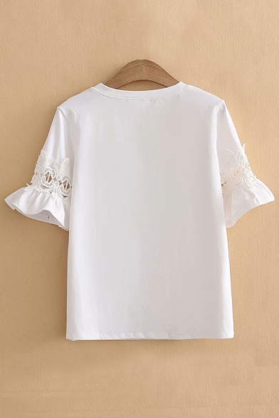 Floral Lace Insert Short Sleeve Round Neck Leisure Tee