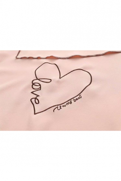 Letter Heart Embroidered Boat Neck Short Sleeve Blouse