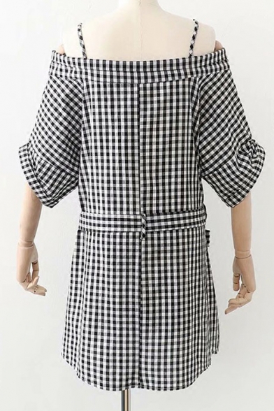 Off The Shoulder Buttons Down 3/4 Length Sleeve Plaid Bow Tied Waist Mini A-Line Dress