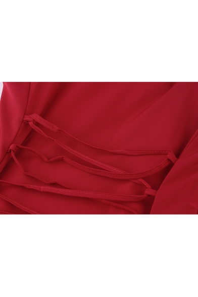Retro Color Block Square Neck Long Sleeve Lace Up Back Maxi A-Line Dress