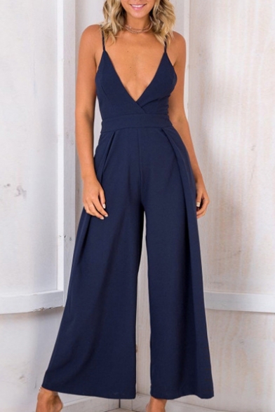 Spaghetti Straps Sleeveless Plunge Neck Plain Hollow Out Back Loose Jumpsuit