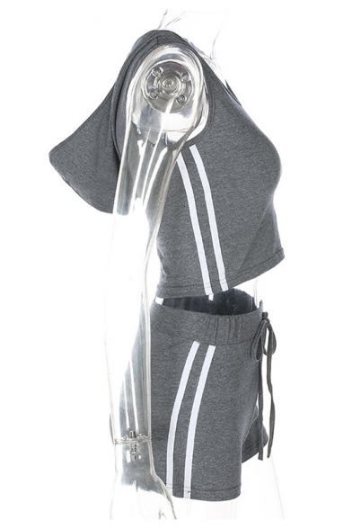 V Neck Sleeveless Contrast Striped Side Hooded Tank with Drawstring Waist Shorts Co-ords