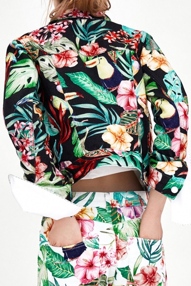 Chic Floral Printed Lapel Collar Buttons Down Long Sleeve Jacket