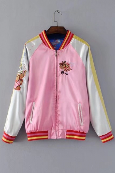 Color Block Floral Dragon Embroidered Stand Up Collar Long Sleeve Zip Up Reversible Baseball Jacket