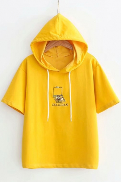 DELICIOUS Letter Pizza Embroidered Short Sleeve Hooded Tee