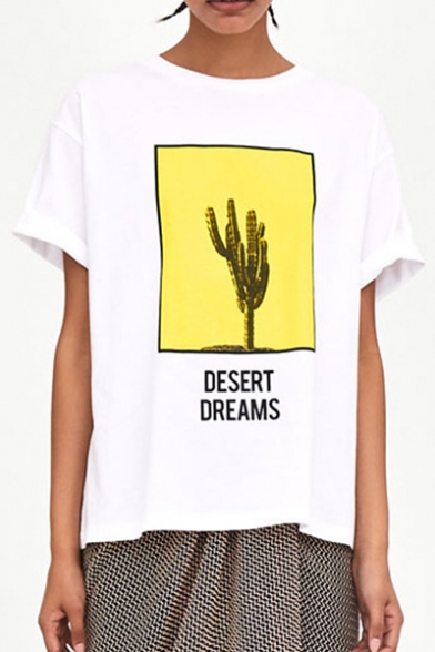 DESERT DREAMS Letter Cactus Printed Round Neck Short Sleeve Tee