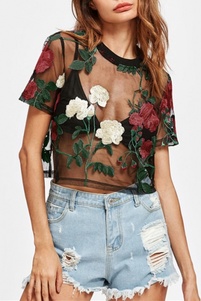 

Floral Embroidered Sheer Mesh Short Sleeve Crop Tee, Green;rose red, LC474597