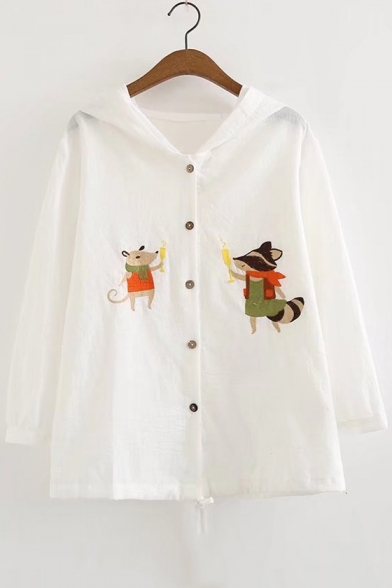 Fox Embroidered Buttons Down Long Sleeve Hooded Sun Proof Coat