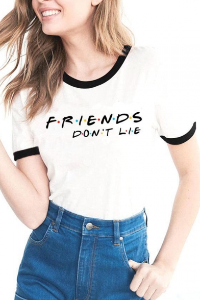 

FRIENDS DON'T LIE Letter Printed Contrast Trim Round Neck Short Sleeve Tee, LC474026