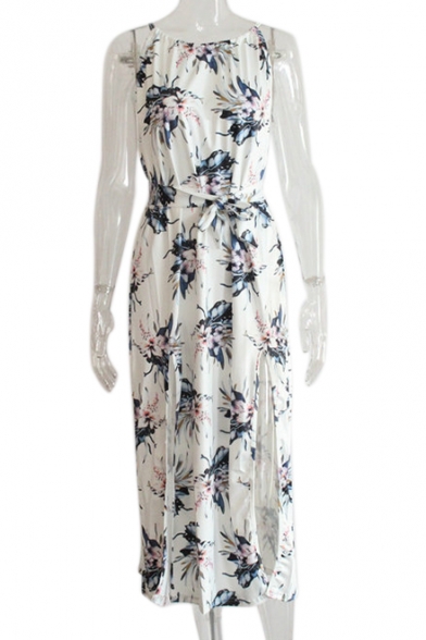 Holiday Floral Printed Sleeveless Split Front Maxi Cami Beach Dress