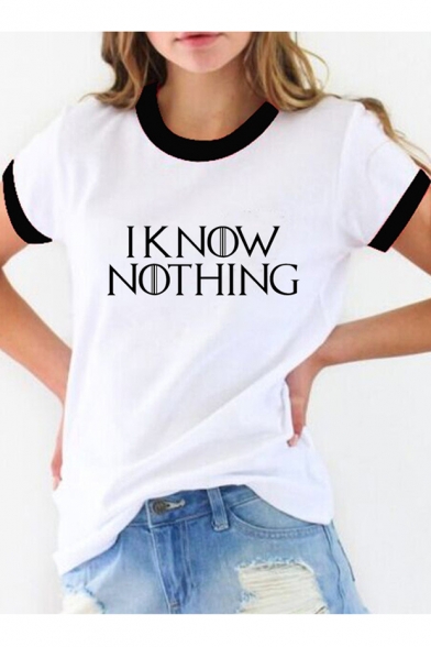 

I KNOW NOTHING Letter Contrast Trim Round Neck Short Sleeve Tee, LC473939