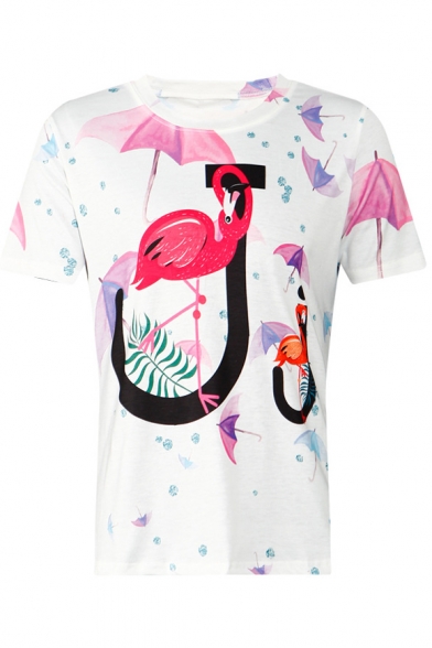 J Letter Flamingo Umbrella Printed Round Neck Short Sleeve Tee