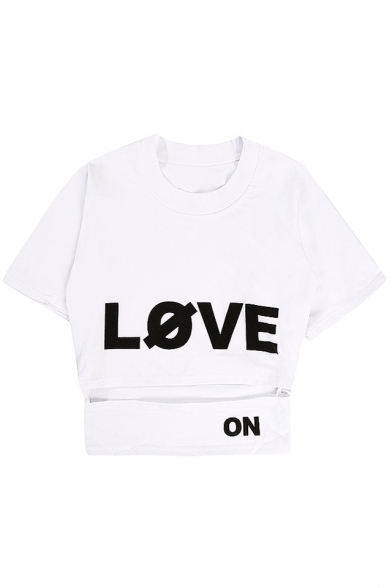 LOVE Letter Printed Round Neck Short Sleeve Hollow Out Crop Tee