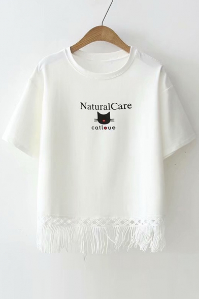 NATURAL CARE Letter Cat Printed Round Neck Short Sleeve Tee