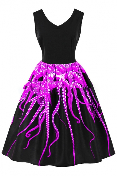 Octopus Printed V Neck Sleeveless Midi A-Line Dress