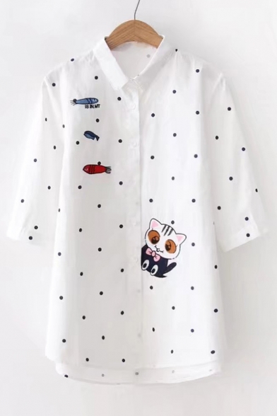 Polka Dot Printed Lapel Collar Cat Fish Embroidered Buttons Down Half Sleeve Shirt