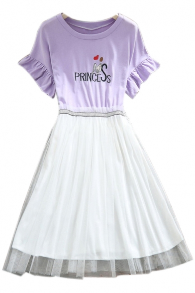 PRINCESS Letter Character Embroidered Round Neck Short Sleeve Mesh Patchwork Midi A-Line Dress