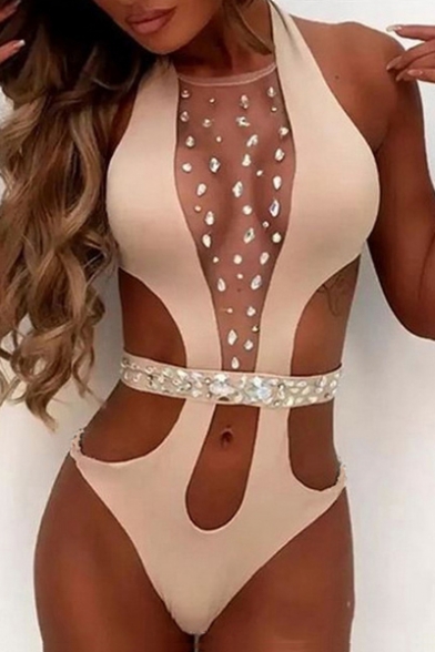 Sexy Diamante Embellished Mesh Insert Hollow Out One Piece Swimwear