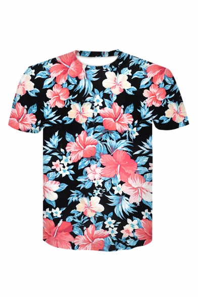Trendy 3D Floral Printed Round Neck Short Sleeve Tee