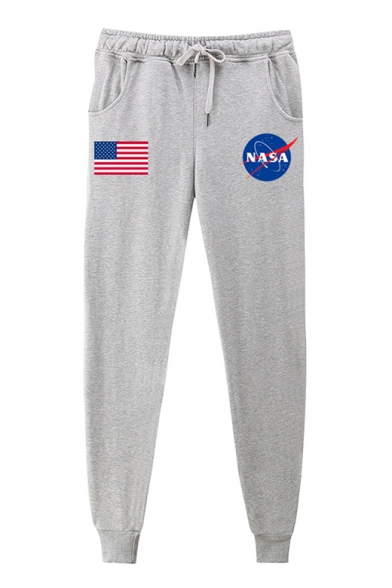 American Flag NASA Letter Printed Drawstring Waist Loose Pants