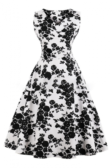 Elegant Floral Printed V Neck Sleeveless Midi A-Line Dress