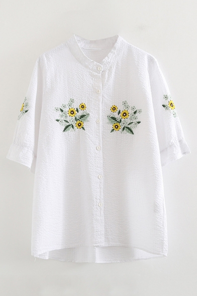 Floral Embroidered Stand Up Collar Short Sleeve Striped Buttons Down Shirt