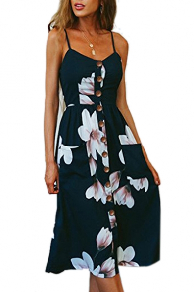 Floral Printed Buttons Down Spaghetti Straps Sleeveless Maxi A-Line Dress