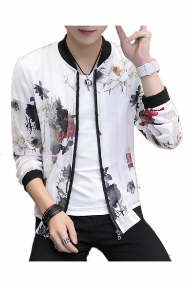 Floral Printed Mesh Insert Stand Up Collar Long Sleeve Zip Up Sun Proof Coat