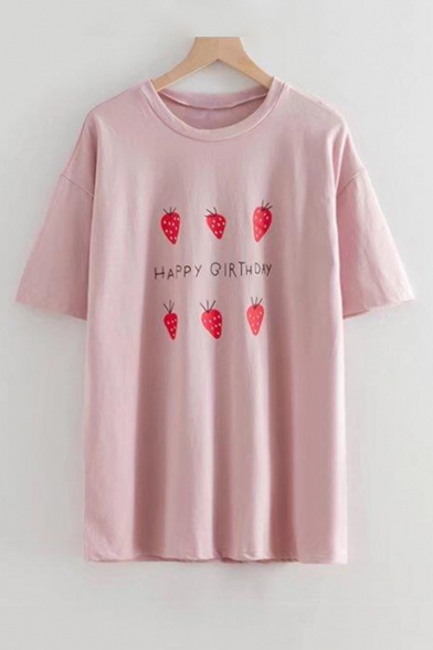 

HAPPY Letter Strawberry Printed Round Neck Short Sleeve Tee, Pink;white