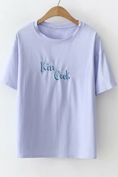 KISS COOK Letter Embroidered Round Neck Short Sleeve Tee