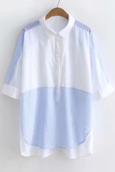 Lapel Collar Color Block Striped Printed 3/4 Length Sleeve Tunic Shirt