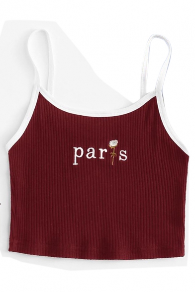 PARIS Letter Floral Embroidered Contrast Trim Spaghetti Straps Sleeveless Crop Cami