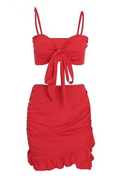 Plain Spaghetti Straps Bow Tied Front Bralet Top with High Waist Ruffle Detail Mini A-Line Skirt Co-ords