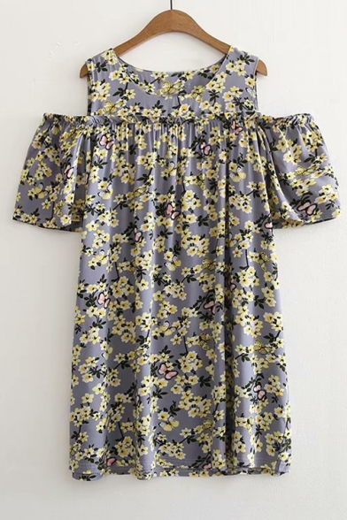 Round Neck Floral Printed Cold Shoulder Short Sleeve Mini A-Line Dress