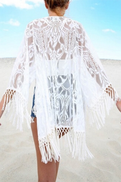 Sheer Mesh Collarless Long Sleeve Open Front Cover Up with Tassel