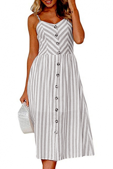 Striped Printed Spaghetti Straps Sleeveless Buttons Down Maxi A-line Dress