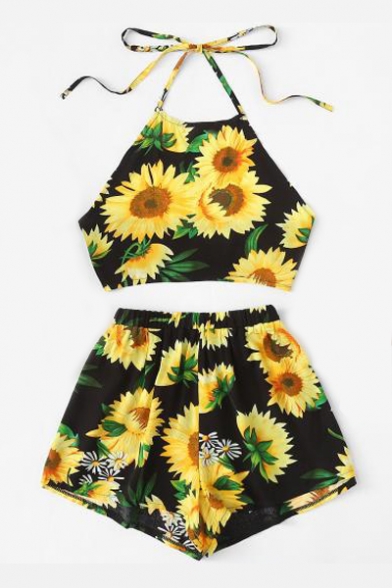 Sun Flower Printed Halter Sleeveless Crop Cami with Elastic Waist Loose Shorts Co-ords
