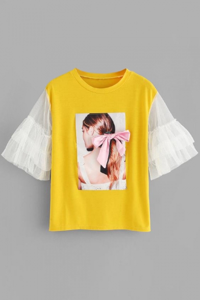Character's Back Printed Round Neck Mesh Patchwork Short Sleeve Tee