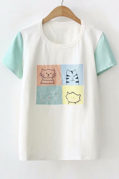 Color Block Short Sleeve Cat Embroidered Round Neck Leisure Tee