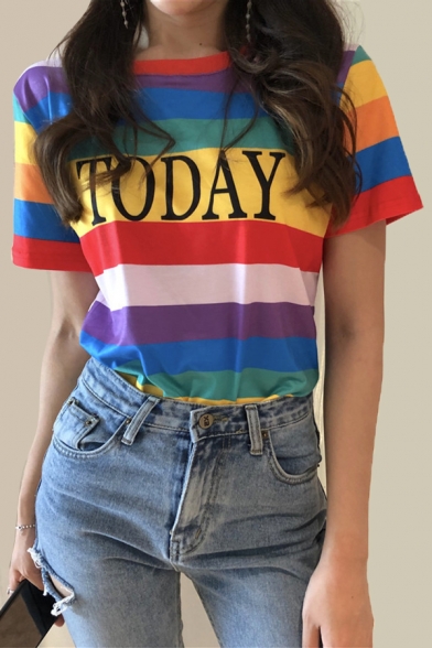 Color Block Striped TODAY Letter Printed Round Neck Short Sleeve Tee