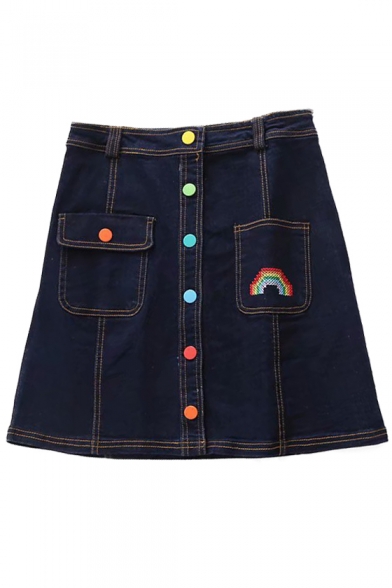 Colorful Buttons Down Rainbow Embroidered Mini A-Line Denim Skirt