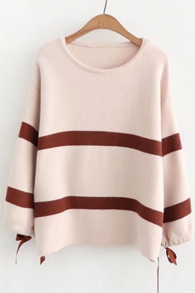 Contrast Striped Round Neck Long Sleeve Sweater