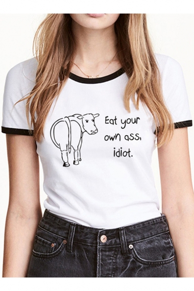 COW Letter Printed Contrast Trim Round Neck Short Sleeve Tee
