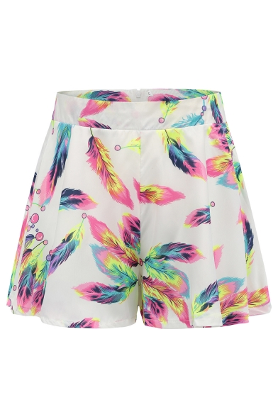 Feather Printed Zipper Fly Loose High Waist Culottes