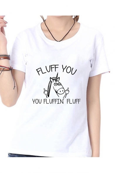 FLUFF YOU Letter Unicorn Printed Round Neck Short Sleeve Tee