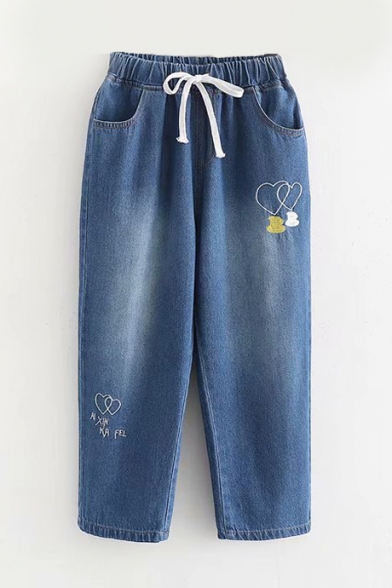 Heart Coffee Embroidered Drawstring Waist Crop Jeans